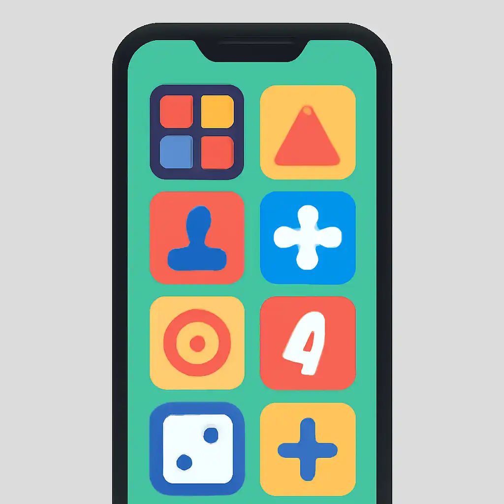 Smartphone shown from the front displaying a colourful flat layout of abstract game icons and rounded tiles (no text, no letters, no labels), Daman Club